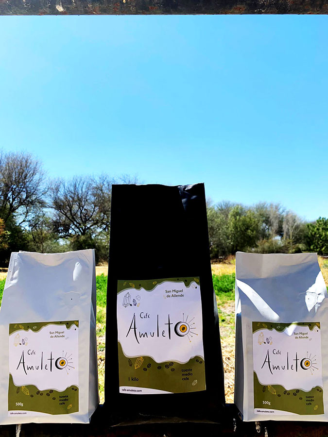 Bags of Cafe Amuleto on the ranch